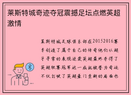 莱斯特城奇迹夺冠震撼足坛点燃英超激情 莱斯特城奇迹夺冠震撼足坛点燃英超激情