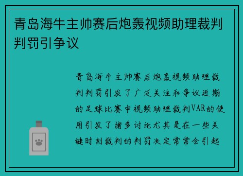 青岛海牛主帅赛后炮轰视频助理裁判判罚引争议 青岛海牛主帅赛后炮轰视频助理裁判判罚引争议